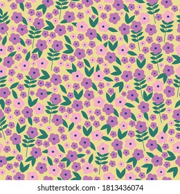 Vector seamless pattern. Beautiful pattern in a small flower. Little pink flowers. Pale yellow background. Ditsy flower background. Elegant template for fashionable prints.
