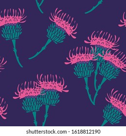 Vector seamless pattern with beautiful thistle flowers on dark purple background. Great print for fabric, wrapping papers, wallpapers, covers. Summer flowers theme.
