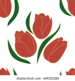 Vector seamless pattern. Beautiful tulips painted colored dots on a white background.
