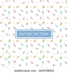 Vector seamless pattern with beautiful twig of plant with color leaves on white background. Flat style floral pattern design with frame for web, site, poster, banner, card, print, textile, paper