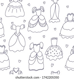 Vector seamless pattern with beautiful wedding princess dresses on white background. Great for fabrics, wrapping papers, wallpapers, covers. Hand drawn illustration in doodle style black ink.