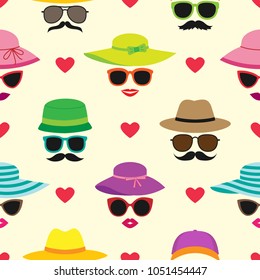 Vector seamless pattern with beautiful women and men faces in summer hats and sunglasses