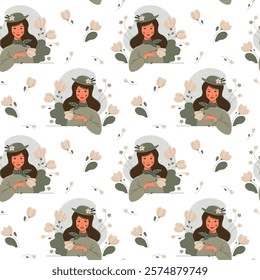 Vector seamless pattern with beautiful women among flowers. Stylish lady in a hat. Wallpaper with a cute girl portraits. Repeat texture with a people in a flat style.