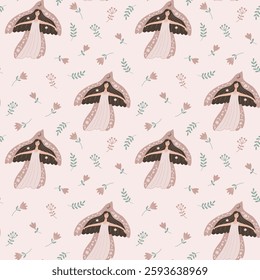 Vector seamless pattern with a beautiful women in the form of a bird and flowers. Fairy summer wallpaper with a girls in a dress. Harmony and inspiration. Repeat texture for textile. 