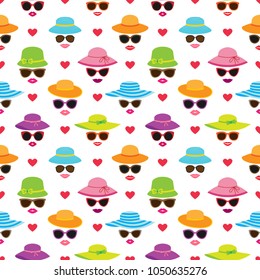Vector seamless pattern with beautiful women's faces in summer hats and sunglasses
