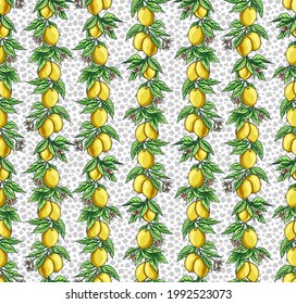 Vector seamless pattern with beautiful yellow lemons growing on branches with leaves and flowers. Natural source of vitamins and antioxidants. Fruit print for textiles and paper