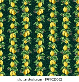 Vector seamless pattern with beautiful yellow lemons growing on branches with leaves and flowers. Natural source of vitamins and antioxidants. Fruit print for textiles and paper
