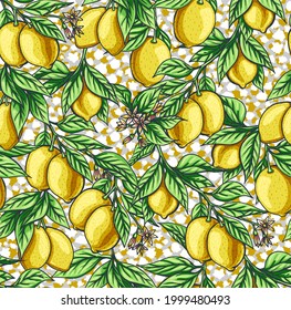 Vector seamless pattern with beautiful yellow lemons growing on branches with leaves and flowers. Natural source of vitamins and antioxidants. Fruit print for textiles and paper