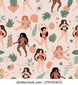 Patrón vectorial sin fisuras de mujeres con celulitis, pelo en piernas, marcas de estiramiento y tatuajes. Flores tropicales y plantas de fondo rosado. Formas geométricas abstractas.