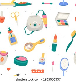 Vector Seamless Pattern with Beauty and Cosmetics Elements. Hand Drawn Women's Make Up Tools, Accessories for Hair and Face Care.Female  Accessories.Pattern for Wrapping paper,Wallpaper, Print,Textile