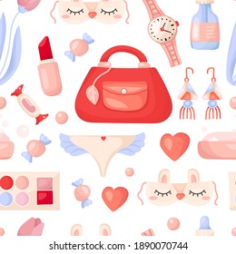 Vector Seamless Pattern of Beauty Elements and Cosmetics for Women in Cartoon style.Feminine Care Accessories. Glamour Pink Tools for Make Up.Trendy Fashion illustration.Isolated on white background.