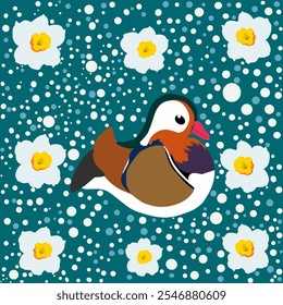 Vector seamless pattern with the beauty of mandarin ducks and daffodil flowers on a snowy winter background. perfect for wallpaper.