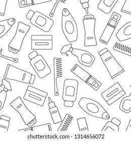 Vector seamless pattern of beauty products spray, comb, balm, oil, lotion in vector. Linear style, isolated on white. Fashion design. EPS10