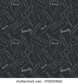 Vector seamless pattern of a beauty salon. Pattern. Stock illustration. Nail salon. Light outline. Grey background