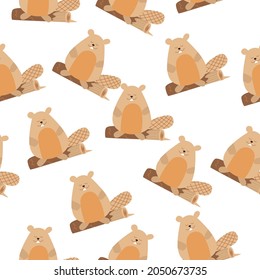 Vector seamless pattern with beavers. Children's pattern for clothing, print, packaging. Cute beaver is sitting on a tree.