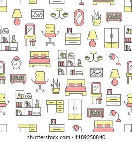 Vector seamless pattern with bedroom interior and furniture. Thin line art flat style design bedroom background, wallpaper.