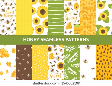 Vector seamless pattern with bee, honeycomb, honey, jar, sunflower. Sweet honey background for beekeeping products.