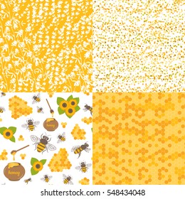 Vector seamless pattern with bee, honeycomb, honey, jar, sunflower. Sweet honey background for beekeeping products.