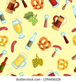 Vector seamless pattern with beer bottle, mug, glass, sausages, pretzels and hop. Octoberfest texture in cartoon style for pubs, bars, wallpapers, prints.