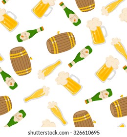 Vector seamless pattern with beer bottle. Light beer, mugs, bottles, beer keg. Great for your creative design. For wrapping paper, textiles and other food designs.Vector illustration.