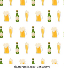 Vector seamless pattern with beer bottle. Light beer, mugs, bottles. Great for your creative design. For wrapping paper, textiles and other food designs.Vector illustration.