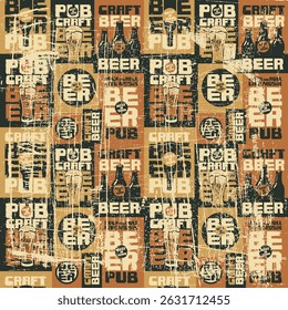 Vetor padrão sem emenda com cerveja, com garrafas e copos de cerveja artesanal. Em um velho, vintage, fundo arranhado. Palavras Rock and roll music. Tecido, papel de parede. Nenhuma IA usada