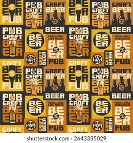 Vetor padrão sem emenda com cerveja, com garrafas e copos de cerveja artesanal. Em um velho, vintage, fundo arranhado. Palavras Rock and roll music. Tecido, papel, papel de parede.  Nenhuma IA usada