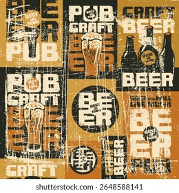 Vetor padrão sem emenda com cerveja, com garrafas e copos de cerveja artesanal. Em um velho, vintage, fundo arranhado. Palavras Rock and roll music. Tecido, papel de embrulho, papel de parede. Nenhuma IA usada