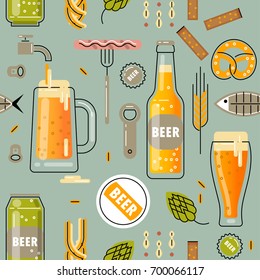 Vector seamless pattern for beer festival. Flat line bottles and glasses of beer, accessories and snacks.