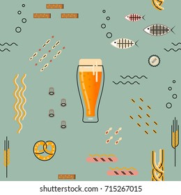 Vector seamless pattern for beer festival. Flat line mug of beer and many kinds of snacks.