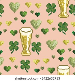 Vector seamless pattern with beer glasses and four leaf clovers on pink. St Patrick day design. Pixel art