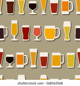 Vector  seamless pattern with beer glasses made in flat style on dotted background. Beautiful design elements, perfect for prints and patterns