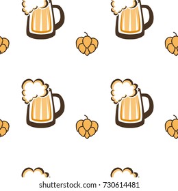 Vector seamless pattern for beer house, pub or brewing company. Beer mug and hop isolated on white background. EPS10. Creative Saint Patrick beer backdrop.