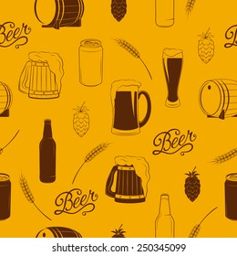 Vector seamless pattern with beer icons. Background for use in design, web site, packing, textile, fabric