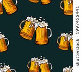 Vector Seamless Pattern, Beer, Beer Mugs on Dark Background, Colorful Background Template.