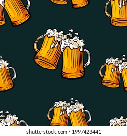 Vector Seamless Pattern, Beer, Beer Mugs on Dark Background, Colorful Background Template.