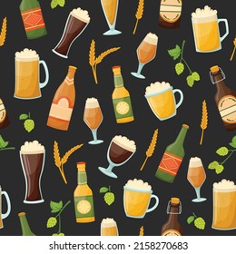 Vector seamless pattern with beer mugs, bottles, barley and hops. Alcoholic beverages.