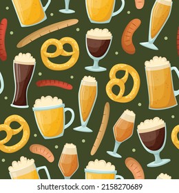 Vector seamless pattern with beer mugs, bottles, German sausages and pretzels. Alcoholic beverages.