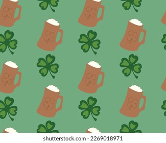 Vector seamless pattern with beer mugs and shamrocks. St. Patrick's Day design. Background, wallpaper, paper or textile print
