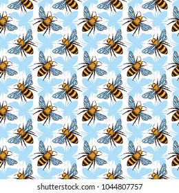 Vector seamless pattern with bees. Black and yellow texture