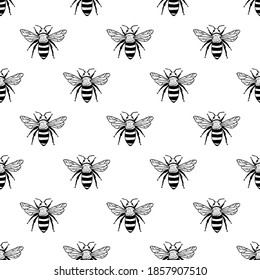 Vector seamless pattern with bees. Black and white texture