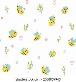 Vector seamless pattern with bees and brunches. Cute ornament for backgrounds, wrapping paper, fabric, packages, ads, decorations and designs