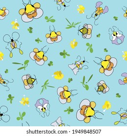 Vector seamless pattern with bees, butterflies, moth in spring or summer garden, mini flowers, grass shapes. Ditsy, small scale. Multidirectional. For kids apparel, medical masks, pets accessories.