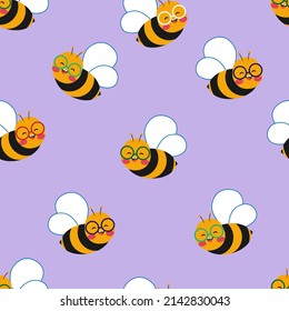 Vector seamless pattern with bees in cartoon style