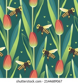 Vector seamless pattern with bees flying among tulips