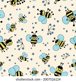 Vector seamless pattern with bees in funny cartoon style and navy blue ditsy flowers. Joyful and happy summer pastels pattern is great for kids room decor, apparel and also for natural products. 