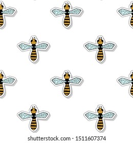 Vector Seamless Pattern With Bees, Hand drawn. Sticker. For Pattern, Wallpaper, Print On Fabric, Textile, Wrapping Paper, Ornament. Symbol of Jewish holiday Rosh Hashanah.