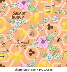 Vector seamless pattern of bees, honey and flowers
