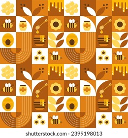 Patrón vectorial sin fisuras con abejas, miel, peines de miel, colmena, flores. Fondo abstracto moderno. Estilo Bauhaus. Ilustración vectorial de formas geométricas.