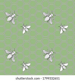 Vector seamless pattern, bees and honeycomb. Ecological concept for fabric pattern or scrapbooking